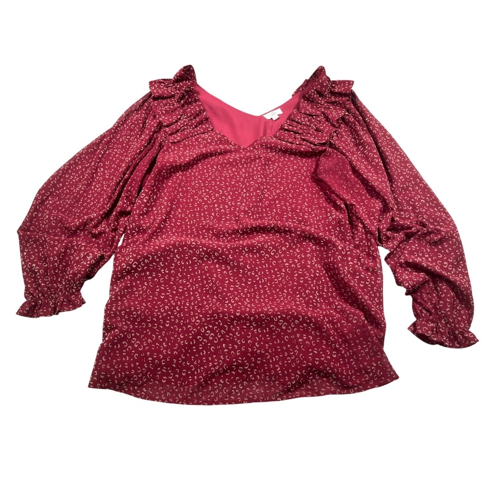 Entro Womens XL Burgundy Ruffle Blouse Animal Print Long Sleeve Boho Top